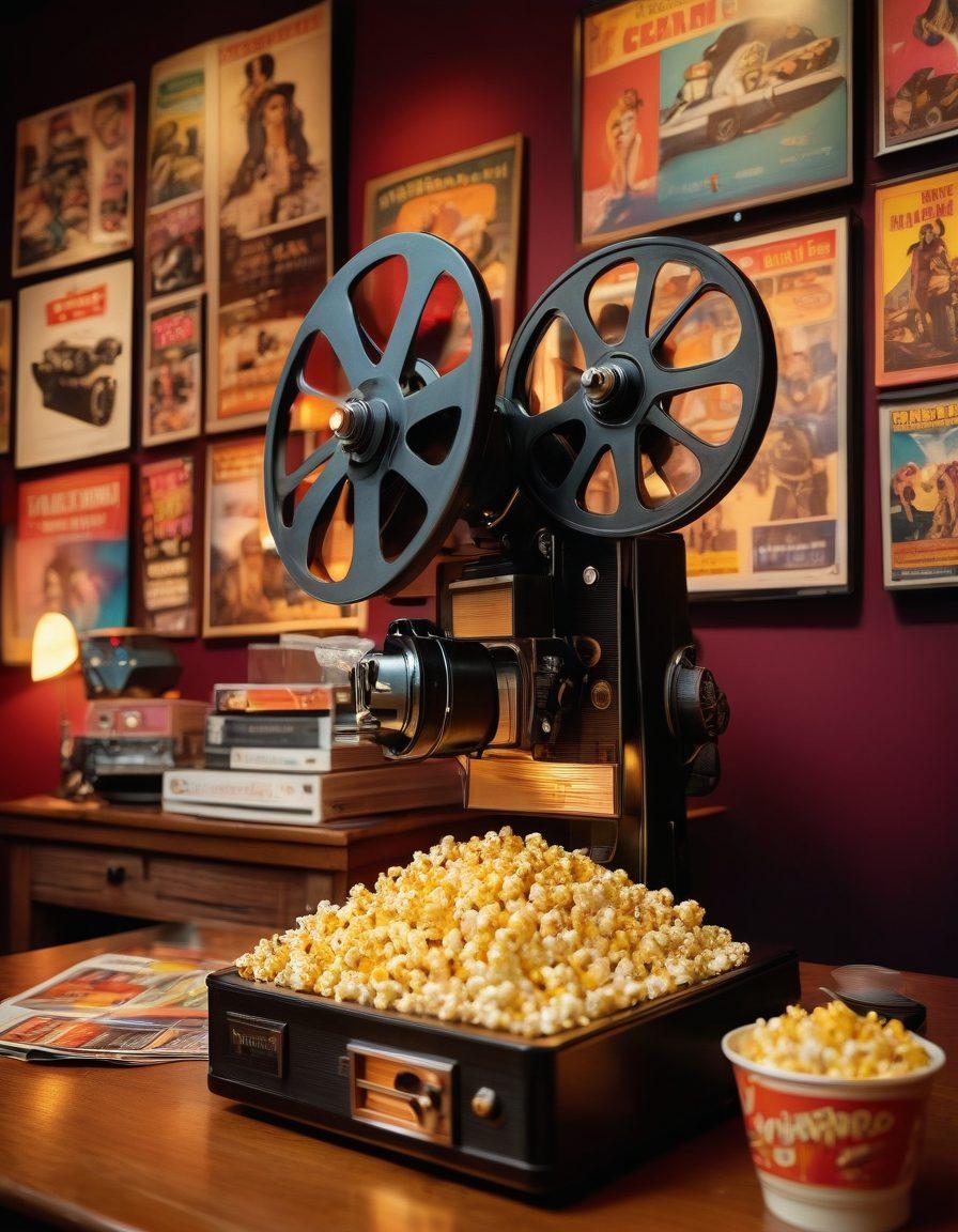 A nostalgic cinema scene featuring a vintage film projector casting colorful film reels, surrounded by iconic movie posters from blockbusters and indie films. In the foreground, a diverse group of enthusiastic film lovers discusses their favorite movies, with popcorn and 3D glasses in hand. The warm glow of the projector illuminates their faces, creating a cozy, inviting atmosphere. cinematic, super-realistic, vibrant colors.
