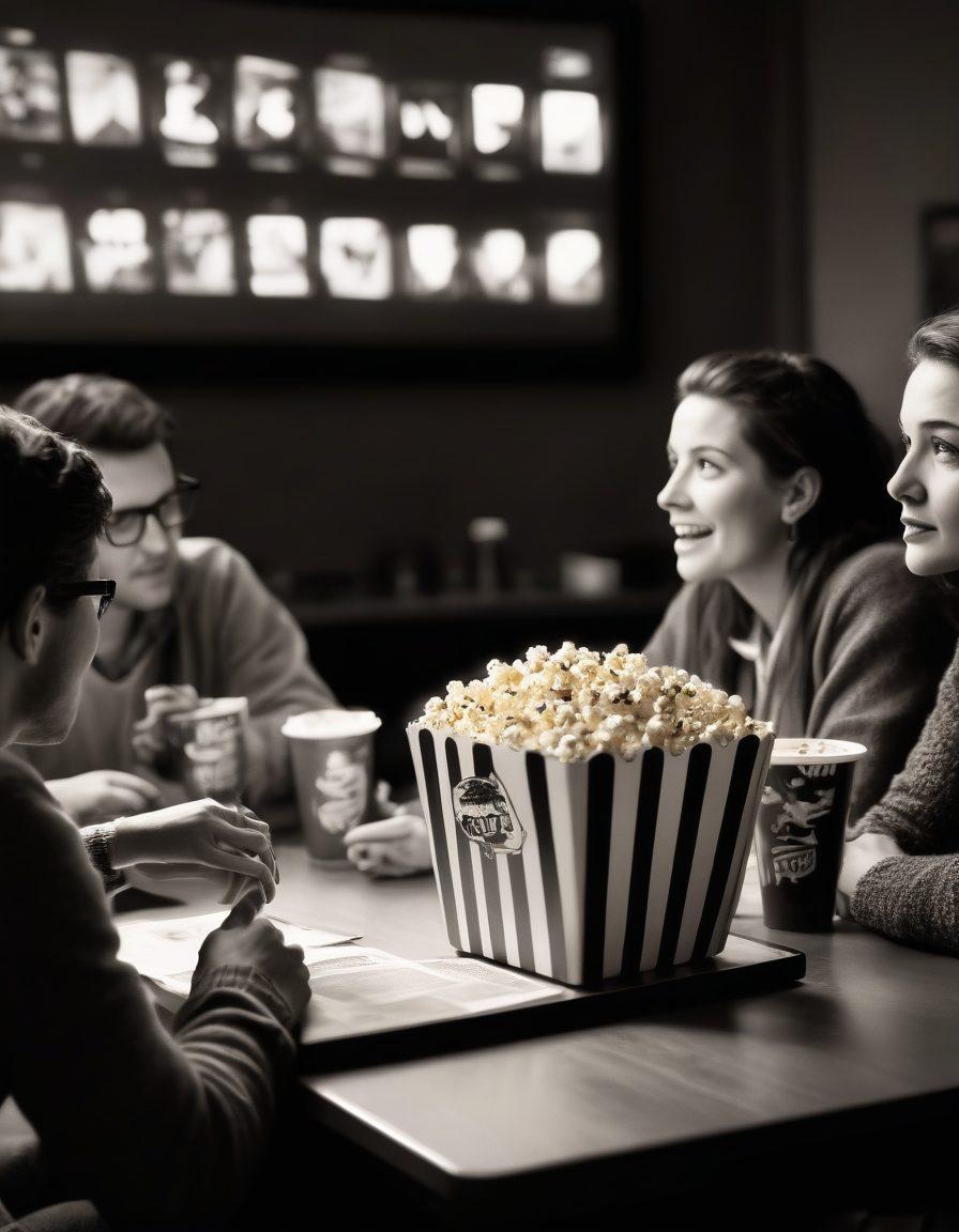 A cozy cinema setting with a diverse group of passionate film enthusiasts animatedly discussing a movie, surrounded by retro film posters and a projector casting a classic black-and-white film scene. Include popcorn and drinks on a table, emphasizing a lively and engaging atmosphere. The lighting is warm and inviting, creating a sense of community and excitement for film critique. super-realistic. vibrant colors. 3D.