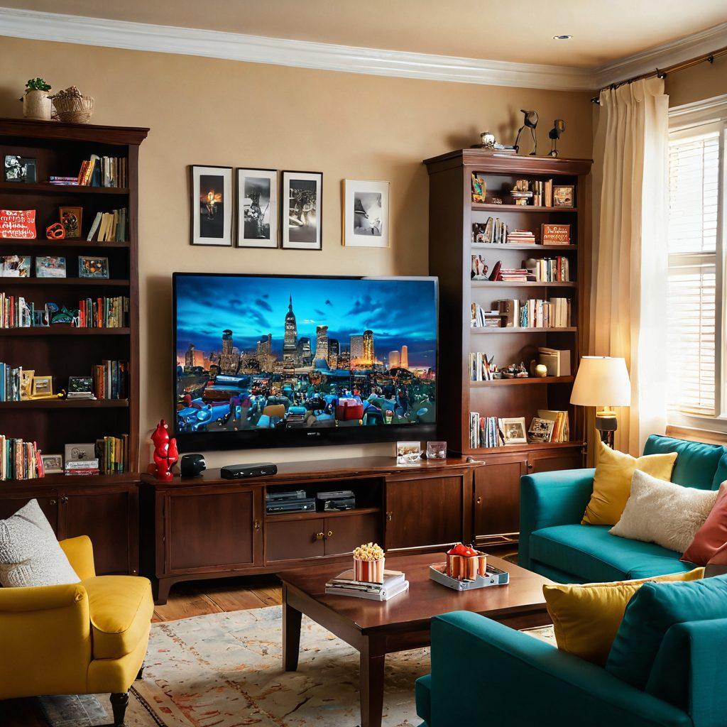 A cozy living room with a large flat-screen TV displaying a vibrant movie scene, popcorn and snacks scattered around, plush couches inviting relaxation; in the background, a bookshelf filled with classic films and popular TV series; soft ambient lighting creating a warm atmosphere. super-realistic. vibrant colors. cozy setting.